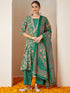 Janasya Women's Dark Green Pure Cotton Floral Printed Yoke Embroidered A-line Kurta Set
